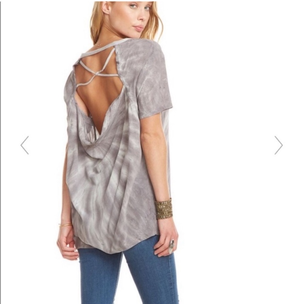 Chaser Tie Dye Draped Back Criss Cross Silk Tee Gray and White